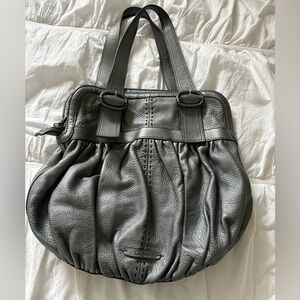 Cole Haan Gunmetal Grey Pebbled Leather Shoulder Bag Ruched Tote